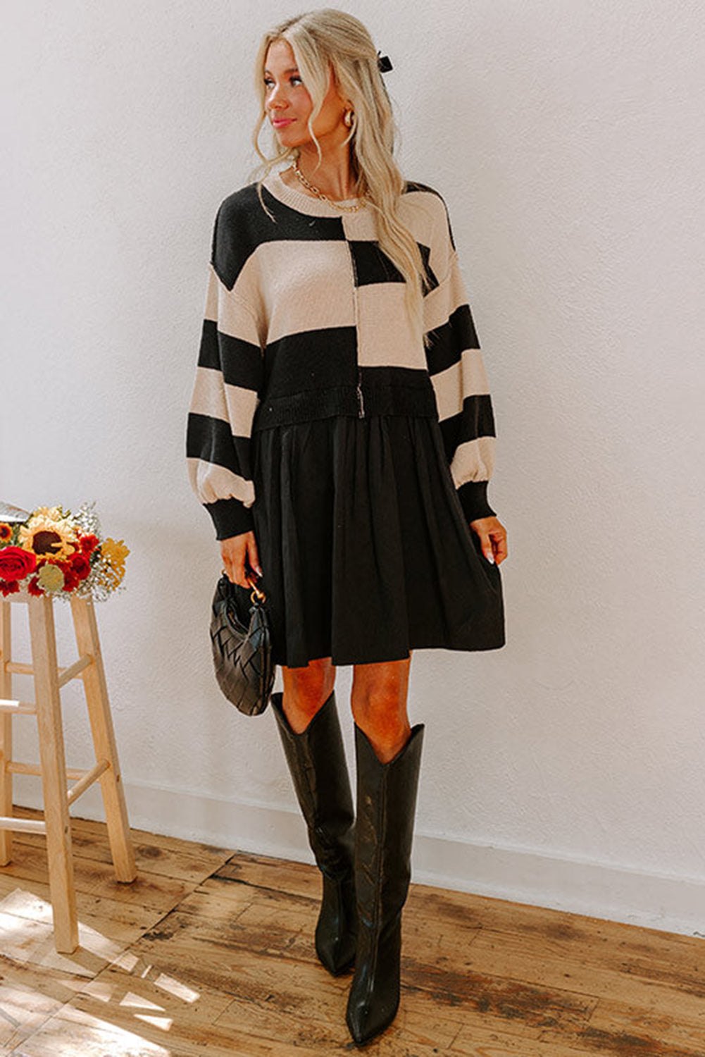 Black Stripe Knitted Top Sweater Dress