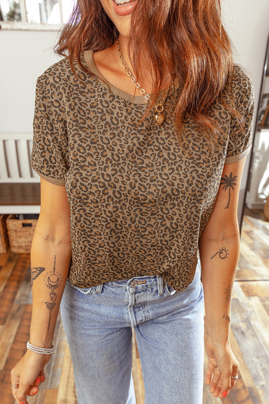 Khaki Fierce Leopard Crew Neck T Shirt