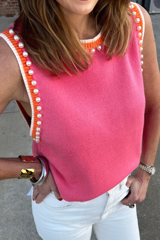 Bright Pink Pearl Detail Sweater Tank Top