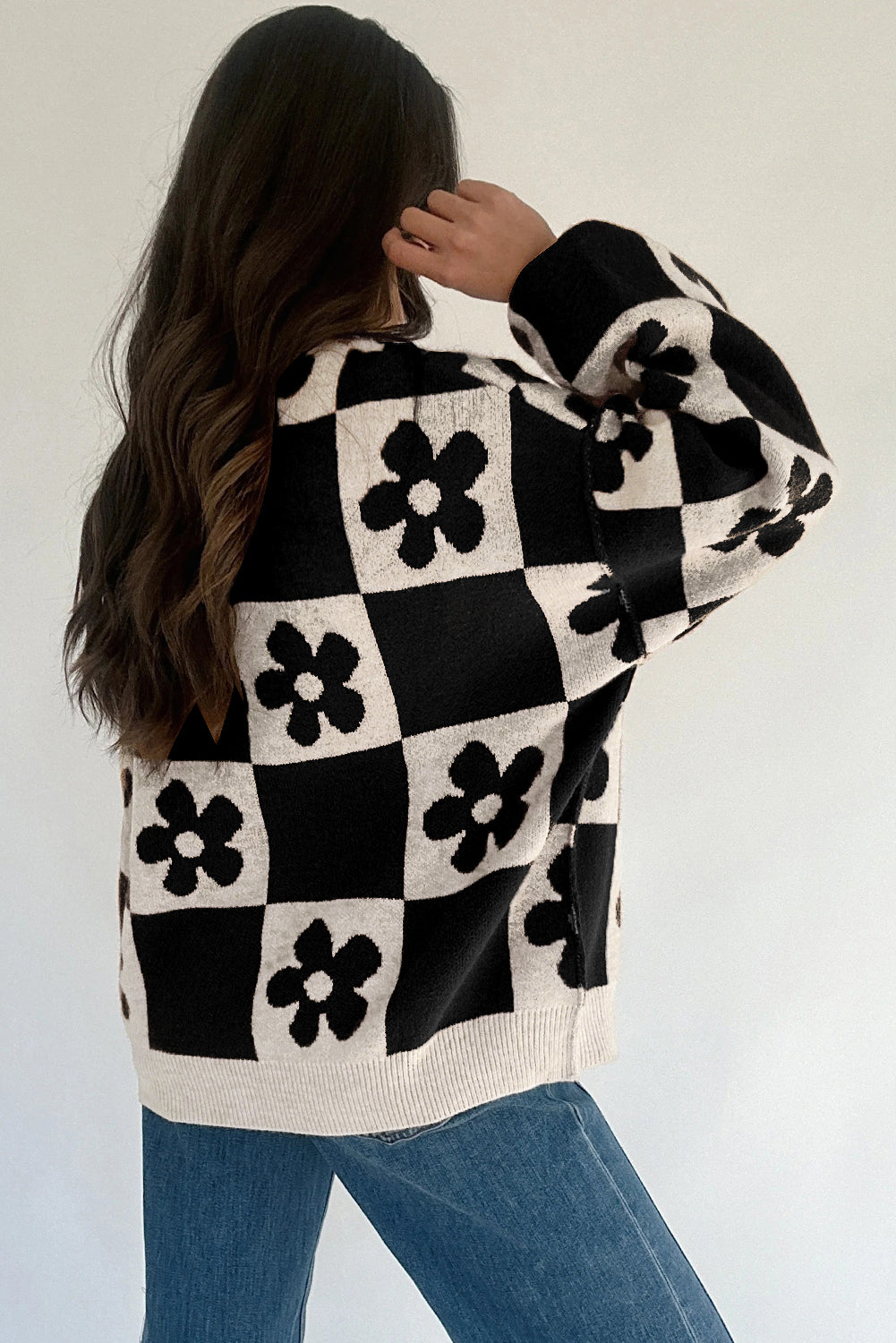 Flower Plaid Henley Sweater