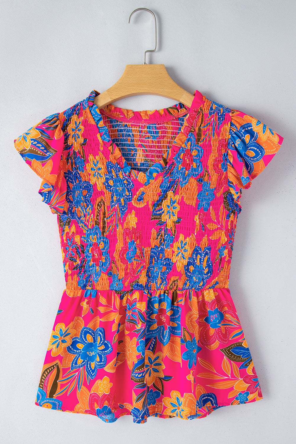 Floral Print Smocked Ruffle Blouse