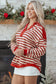 Red Stripe Buttoned V Neck Collared Drop Shoulder Top