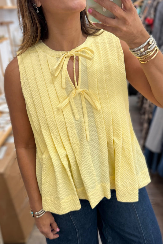 Yellow Bow Tie Notched Neck Pleated Tank Top