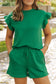 Green Textured Ruffle Split Top and Drawstring Shorts