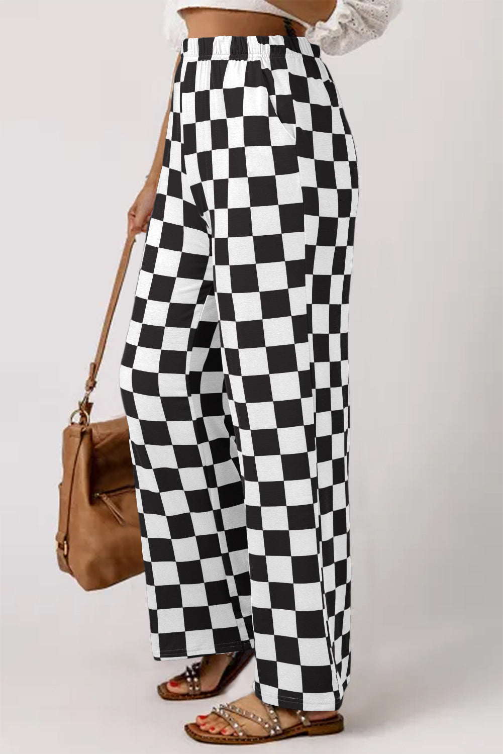 Wide Checked Print High Waist Pants