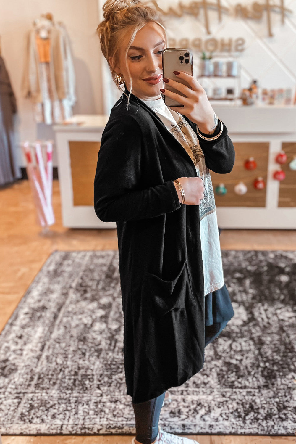 Black Solid Color Open Front Cardigan with Pockets