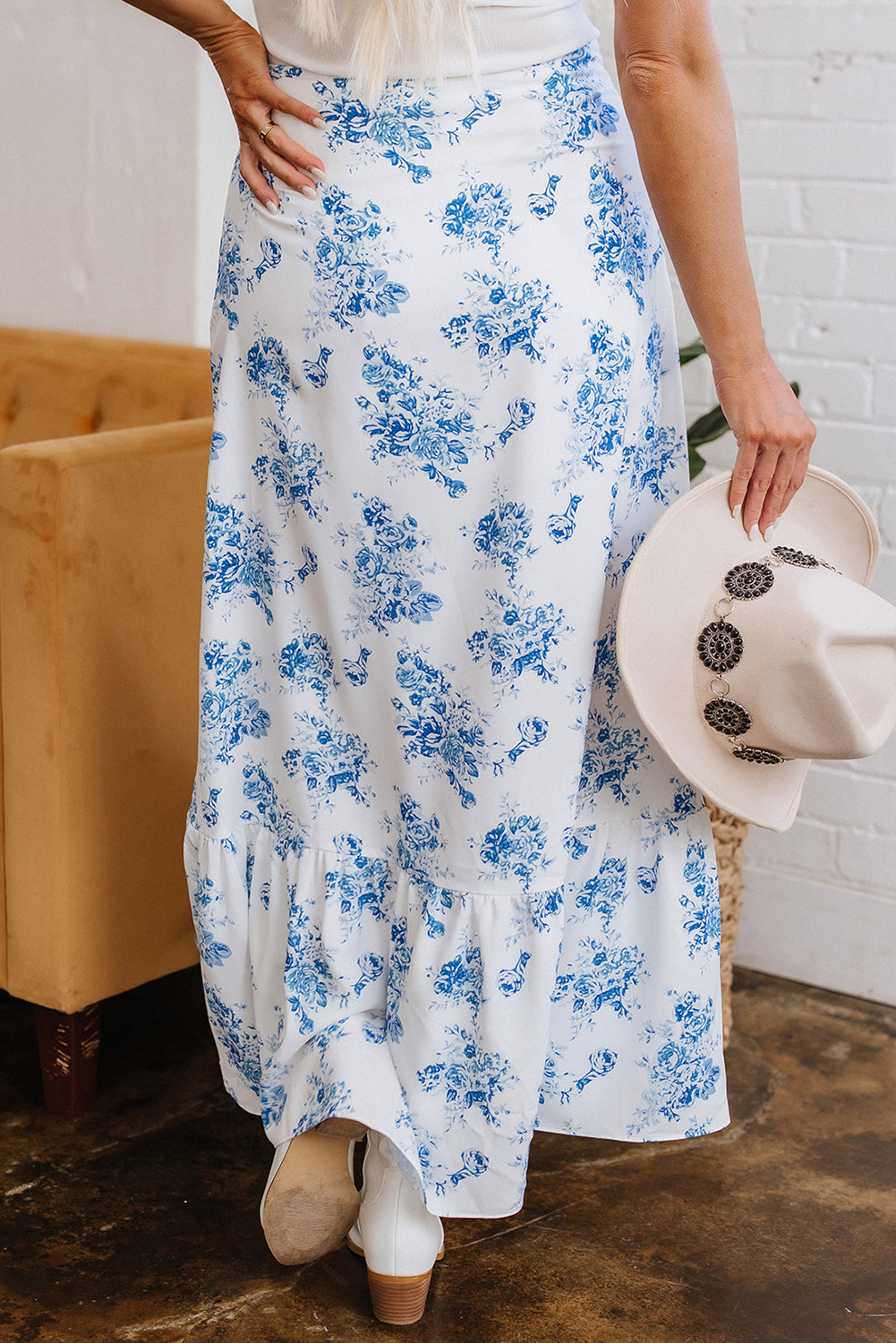 Blue Floral High Waist Ruffle Maxi Skirt