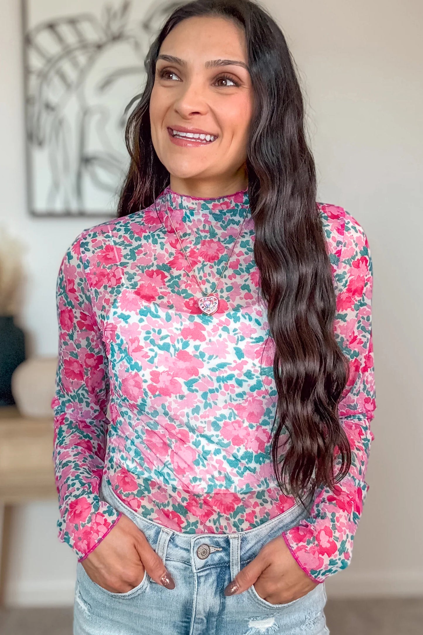 Floral Mesh Mock Neck Top