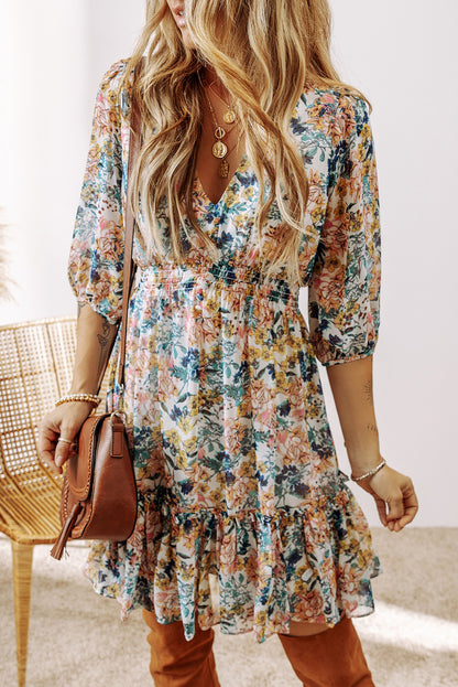 Sky Blue Floral V Neck High Waist Ruffled Dress