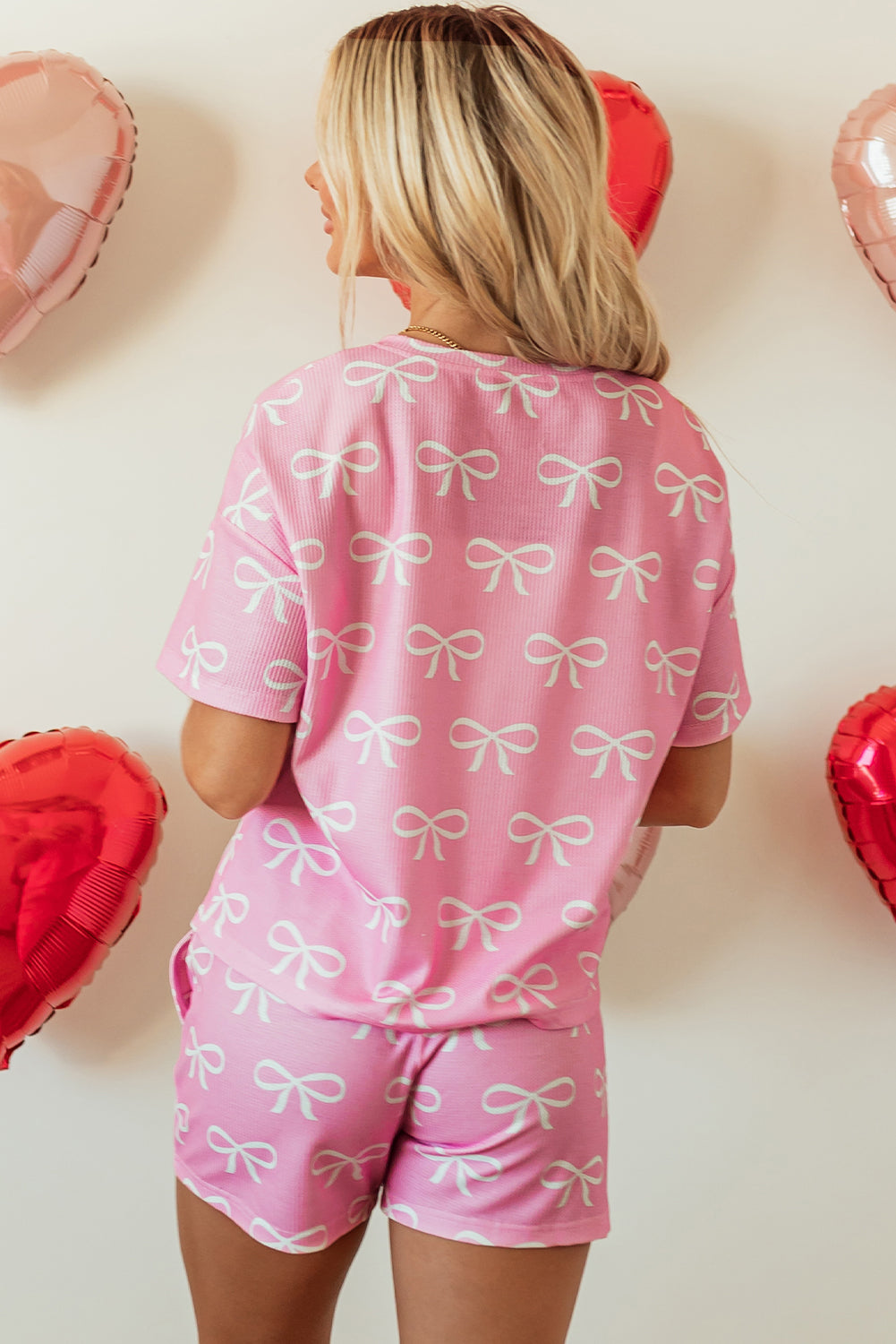 Pink Waffle Knit Bowknot Printed T Shirt and Shorts Set