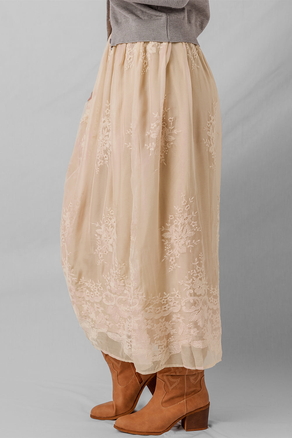 Oatmeal Embroidered Mesh Flowy Long Skirt