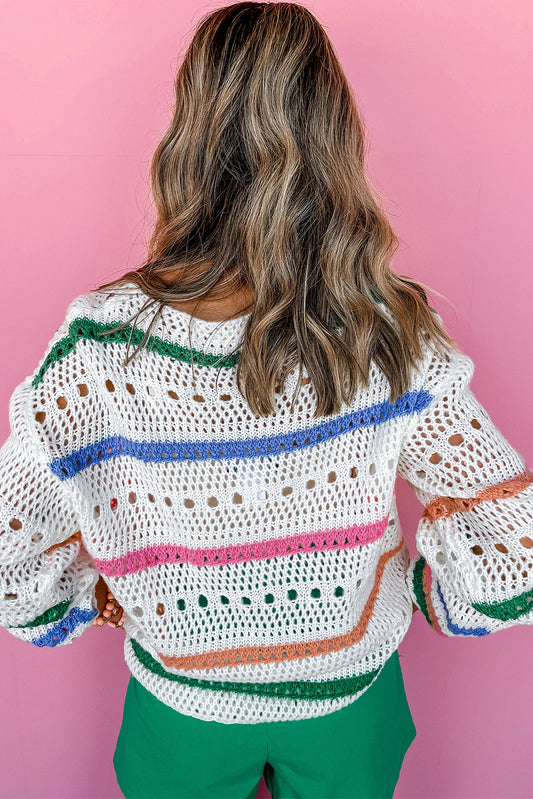 White Color Block Striped Knit Sweater