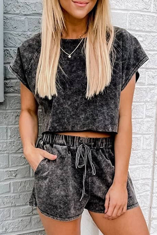 Black Acid Washed Short Set