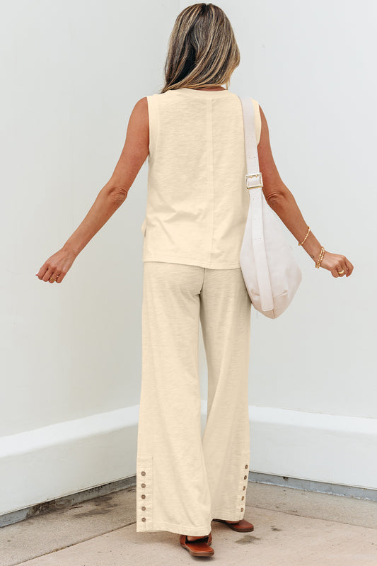 Beige Solid Color Tank Top and Pants Set