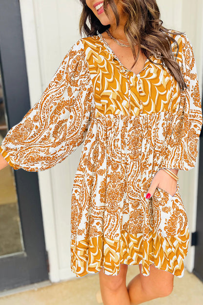 Orange Bohemian Print Puff Sleeve Mini Dress