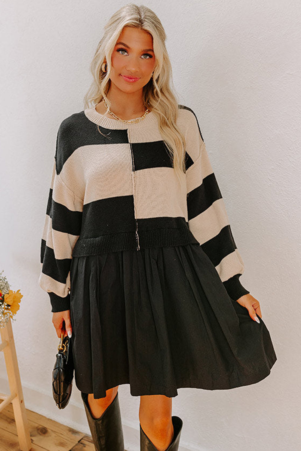 Black Stripe Knitted Top Sweater Dress