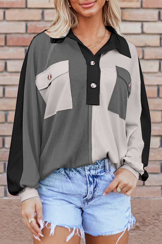 Gray Colorblock Ribbed Oversized Sweatshirt