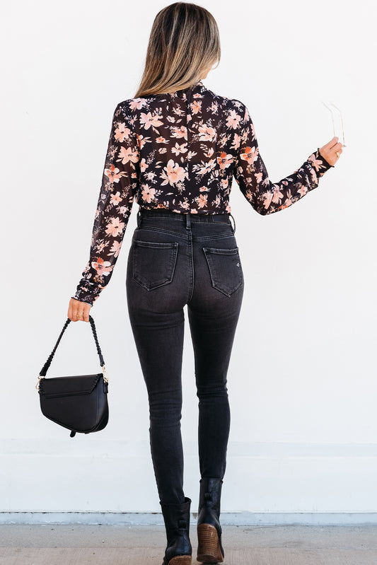 Black Floral Mesh Mock Neck Long Sleeve Top