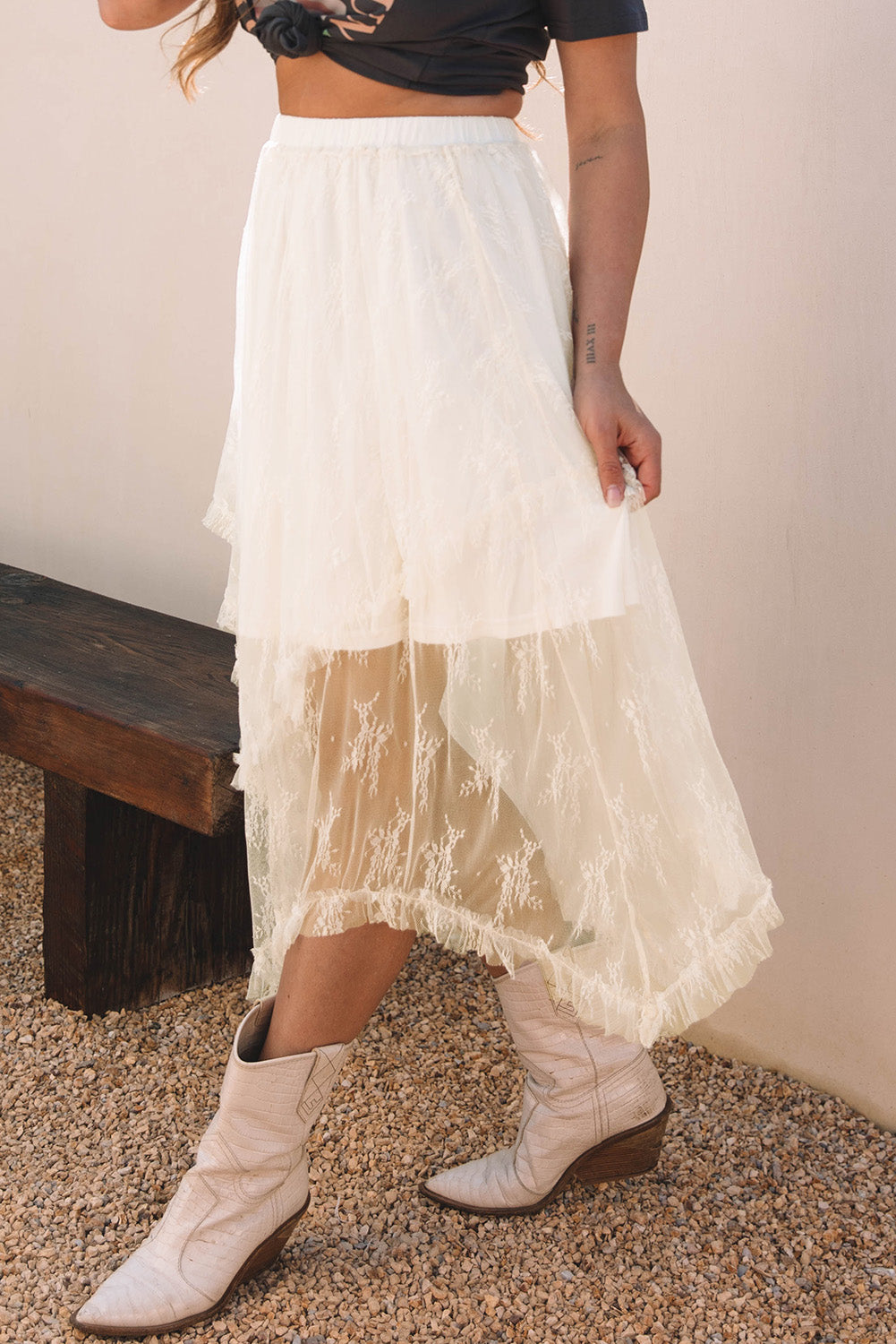 Beige Lace Tiered High Waist Maxi Skirt