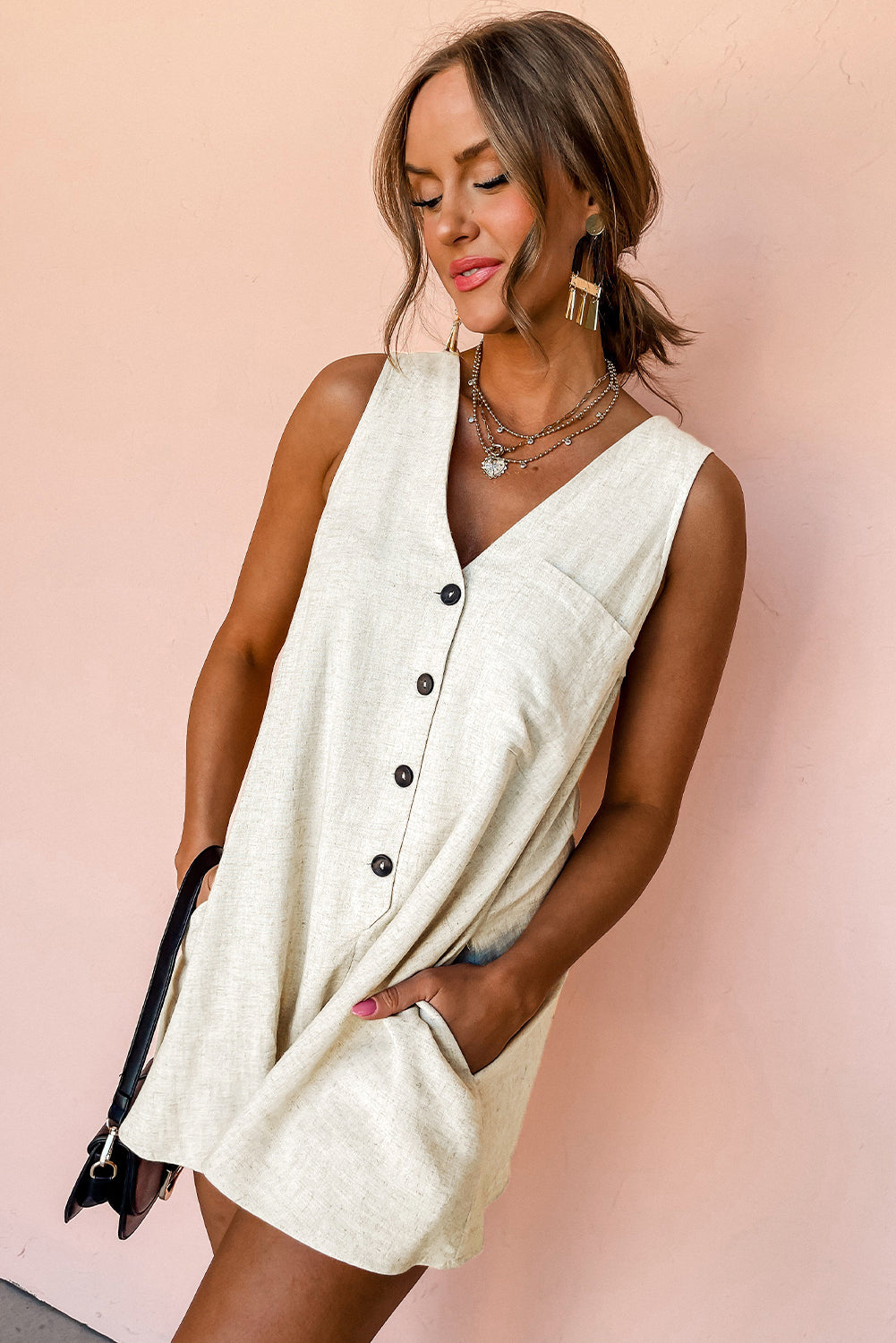 Beige Sleeveless V Neck Buttoned Romper