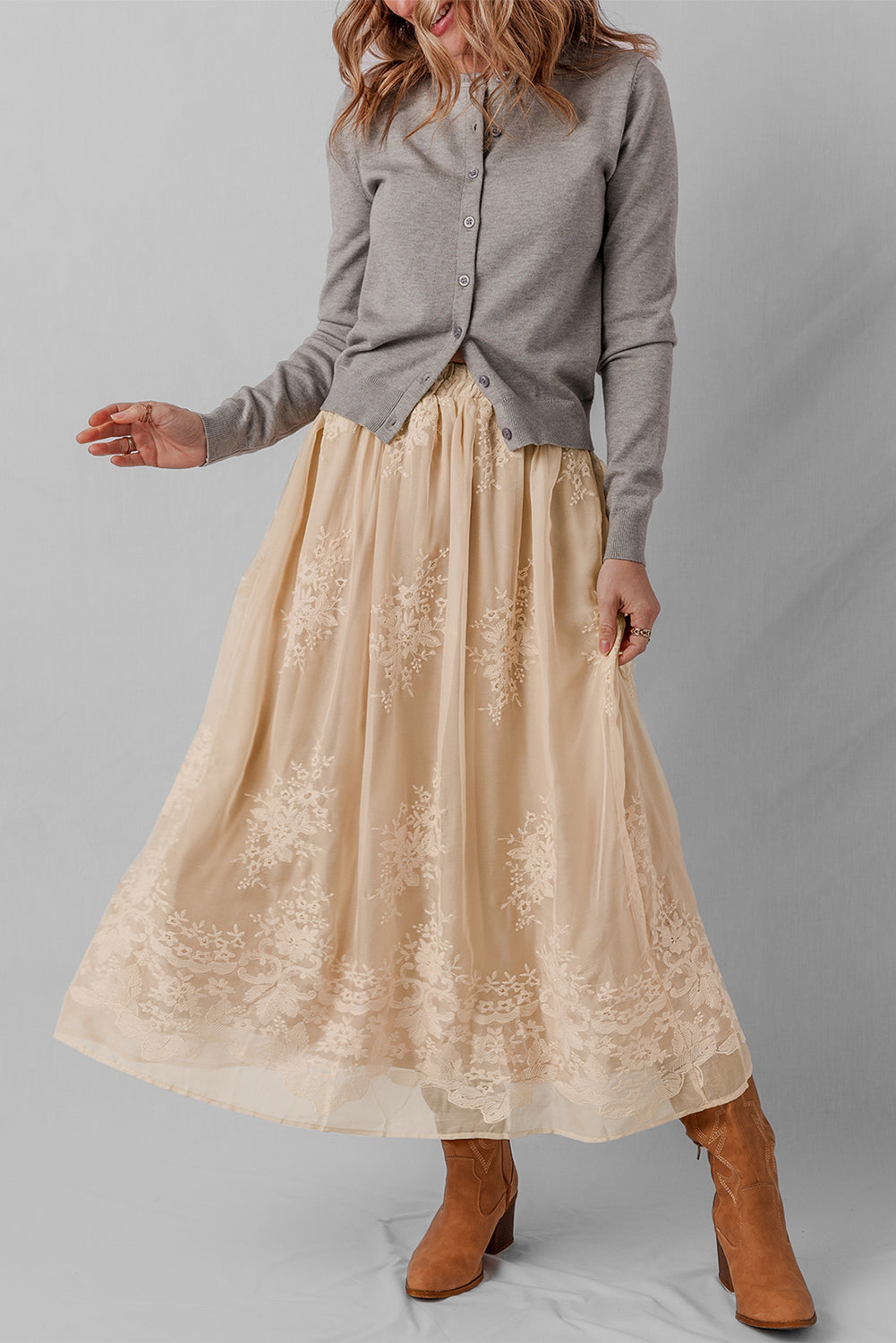 Oatmeal Embroidered Mesh Flowy Long Skirt