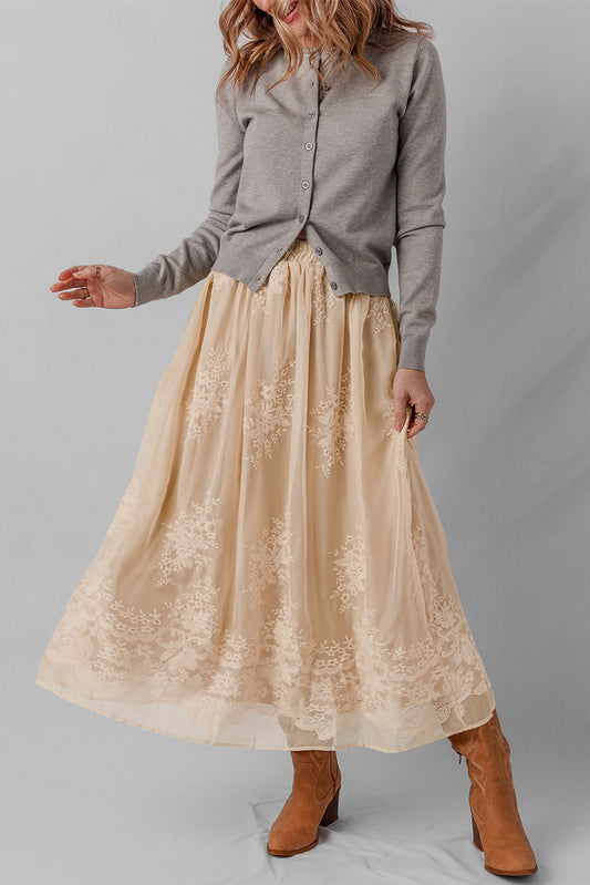 Oatmeal Embroidered Mesh Flowy Long Skirt