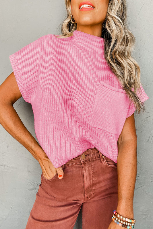 Pink Ribbed Knit Short Sleeve Sweater