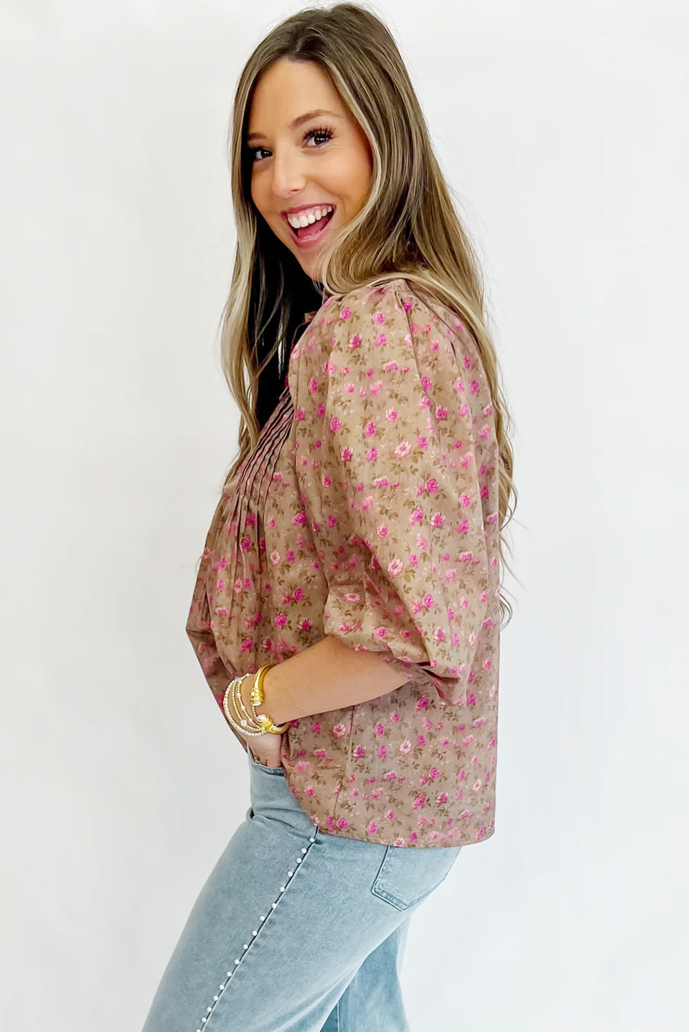 Floral Print Bow Pintuck Bust Half Puff Sleeve Blouse