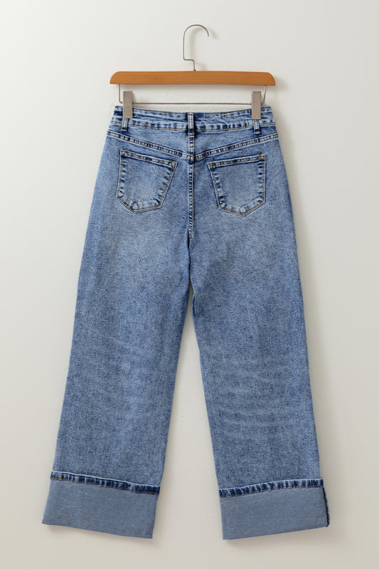Center Seam Cuffed Straight High Waist Jeans