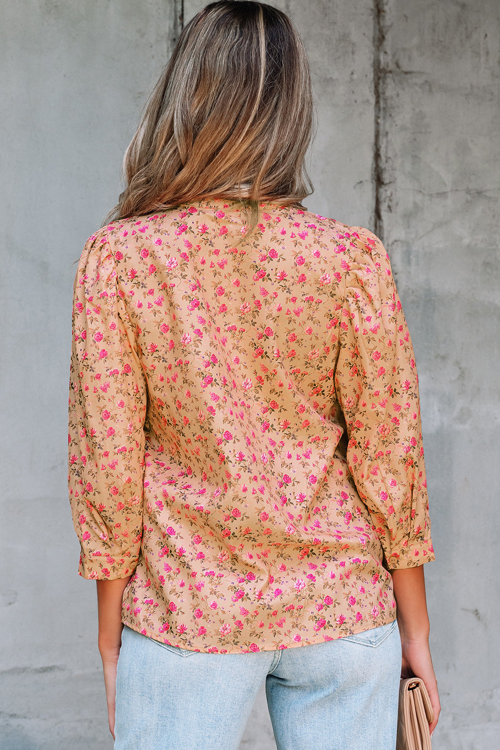 Floral Print Bow Pintuck Bust Half Puff Sleeve Blouse