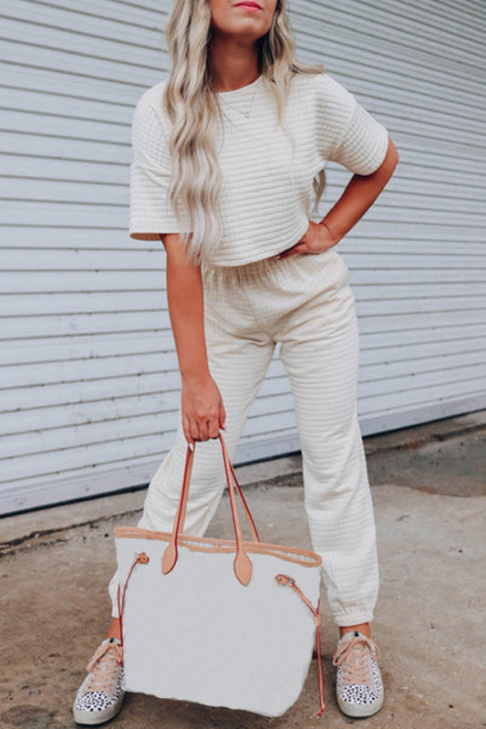 White Textured Cropped Tee and Jogger Pants Set