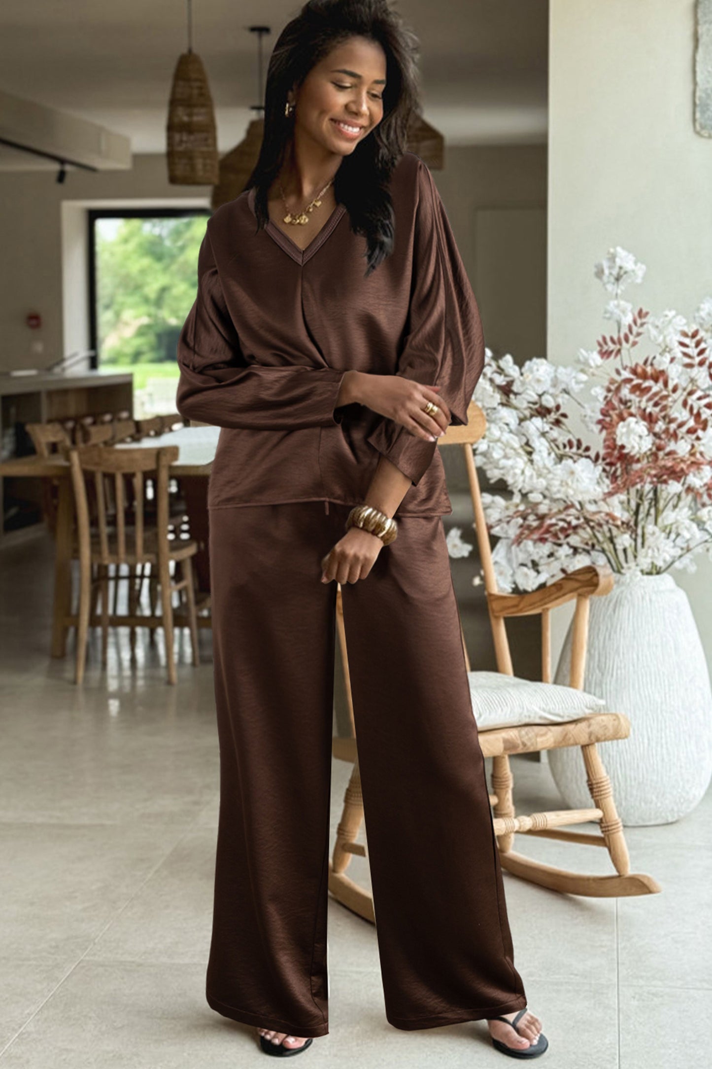 Brown V Neck Lounge Set