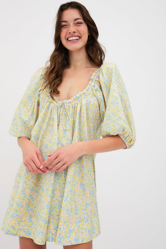 Green Floral Half Sleeve Frilled Short Dress