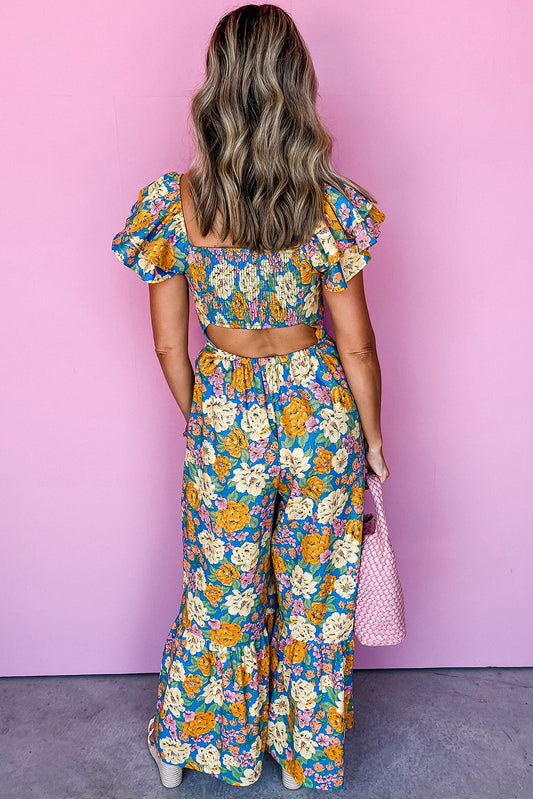 Yellow Floral Shirred Cut Out High Waist Jumpsuit