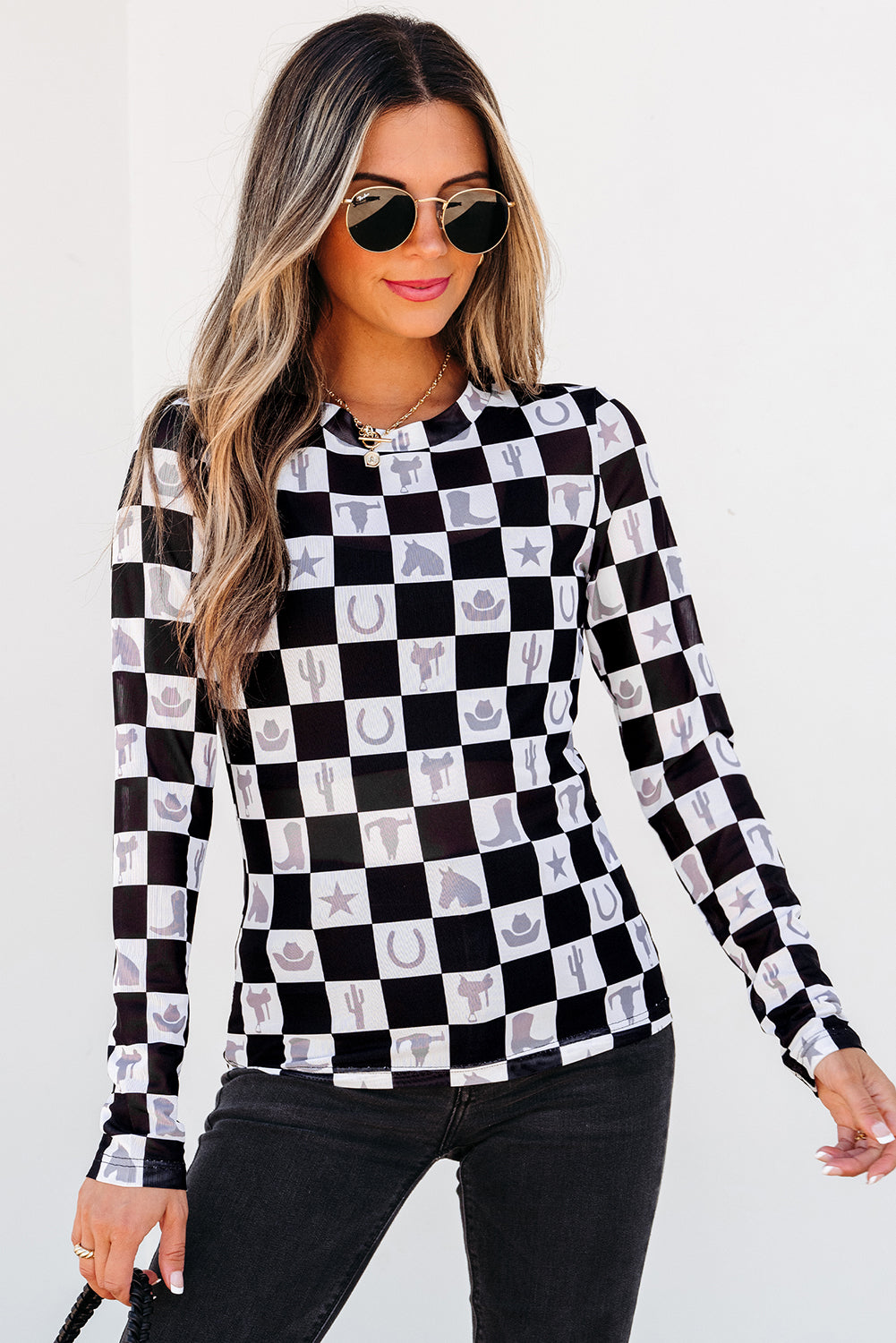 Black Checkerboard Western Elements Printed Mesh Top