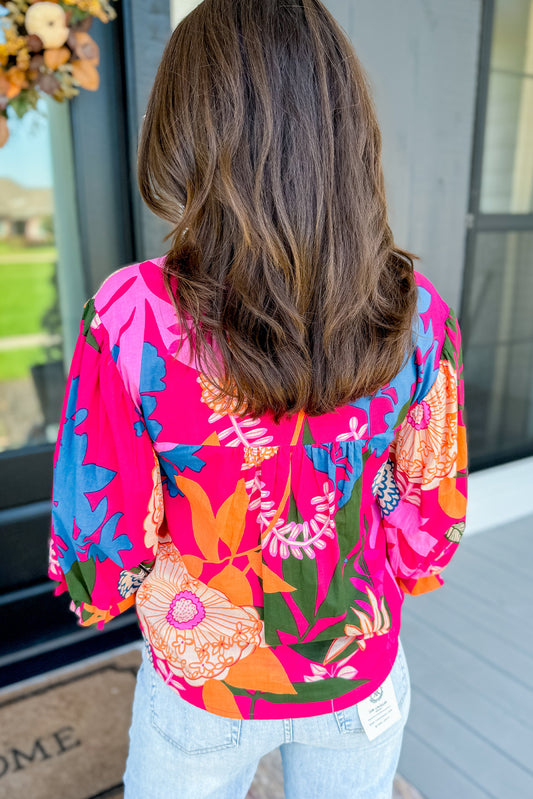 Flower Print Ruffled Puff Sleeve Blouse