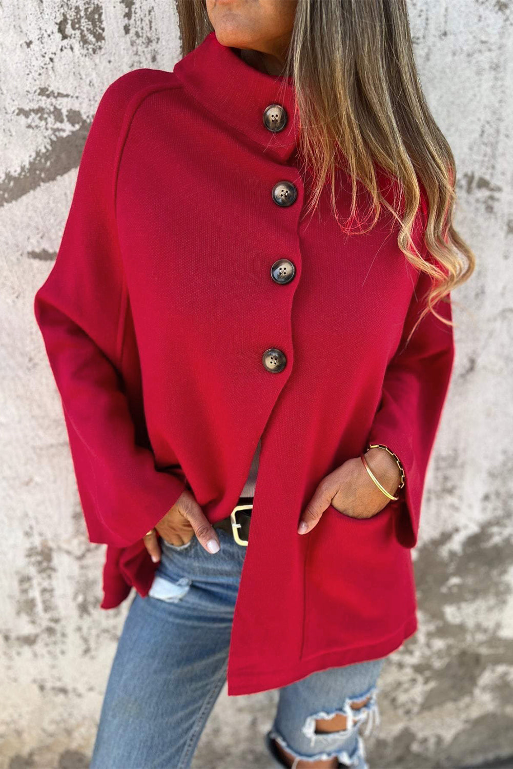 Fiery Red Collared Button Cardigan Jacket