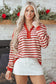 Red Stripe Buttoned V Neck Collared Drop Shoulder Top