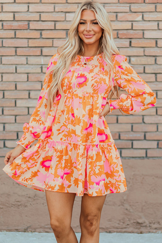 Orange Abstract Print Smocked Mini Dress