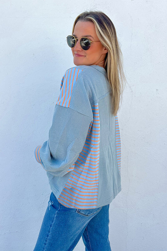 Dusk Blue Waffle Striped Patchwork Pullover