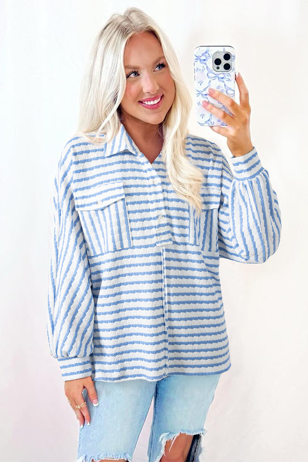 Blue Striped Half Button Sweater
