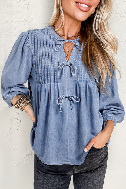 Denim Front Pintuck Bow Tie Puff Top