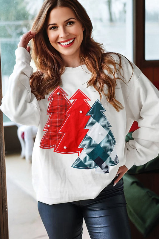 Pearl Plaid Christmas Tree Patched Sweatshirt