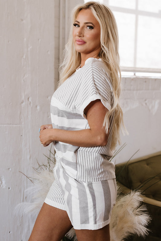 Gray Stripe Short Sleeve Top and Shorts Set
