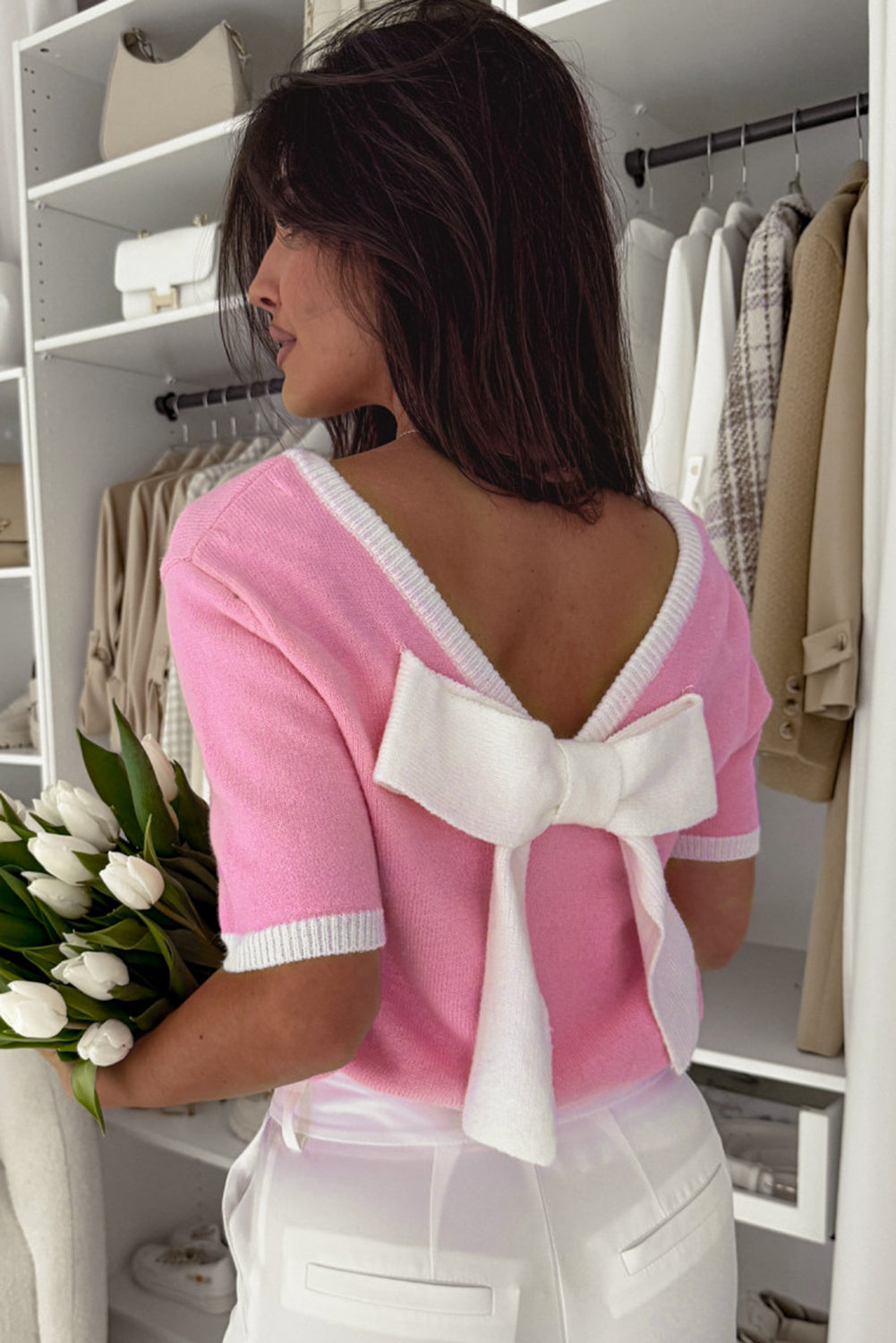 Colorblock Bow V-Shape Cut Short Sleeve Sweater