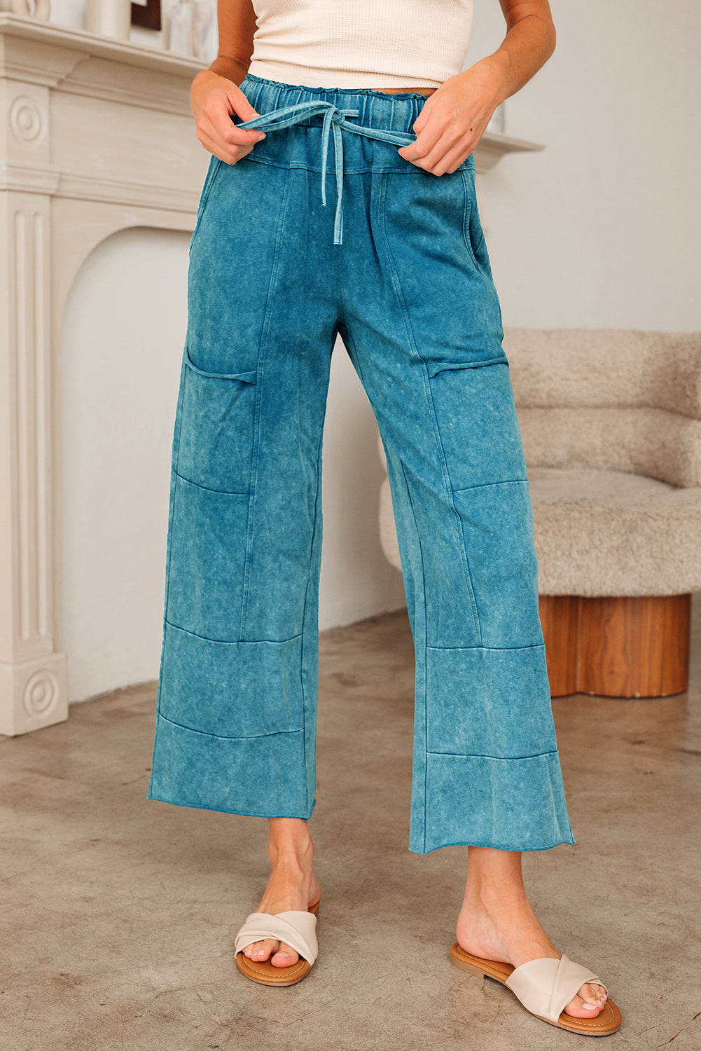 Teal Raw Hem Patched Pocket Pants