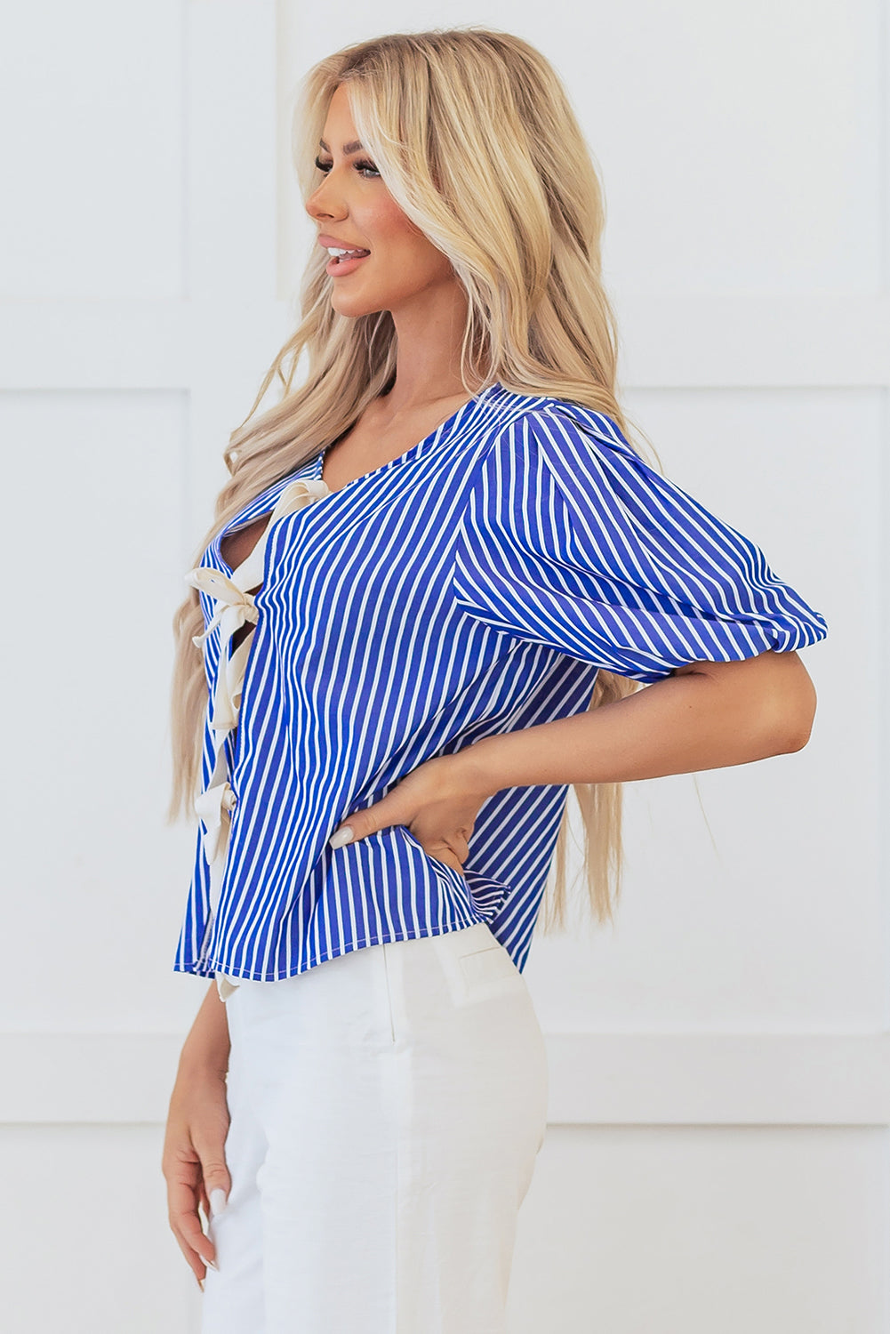 Blue Stripe Tied Puff Short Sleeve Blouse