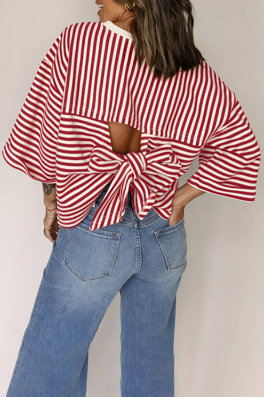 Red Stripe Bowknot Back Loose Tee