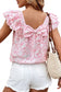 Pink Floral Ruffled Sleeve Bow Blouse