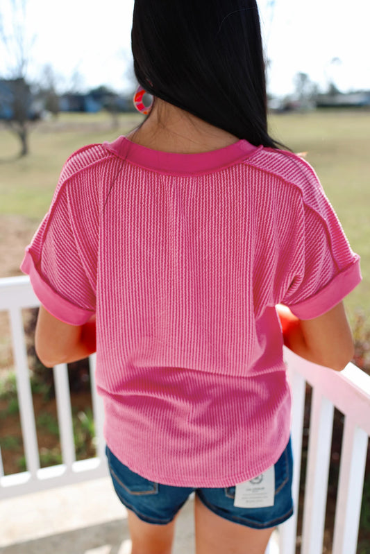 Rose Twisted Ribbed Knit V Neck Casual Tee